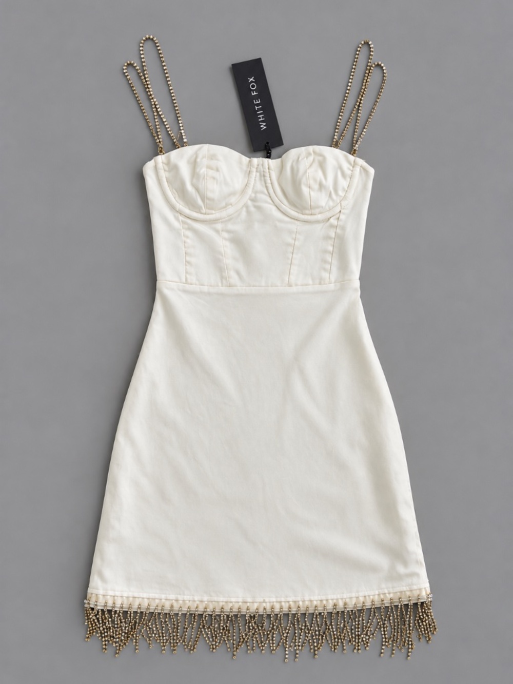 White Fox Rhinestone Fringe Mini Dress – Size XS NWT